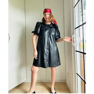 Y2K Pleather Gothic black Dress Size Small Collar Puff  sleeves Babydoll Vegan